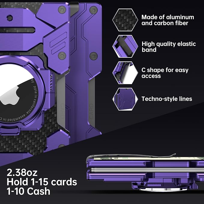 Minimalist Wallet for Men with AirTag Holder, Credit Card Holder RFID Blocking Wallet, Small Aluminum Metal Wallets with Money Clip (Purple)
