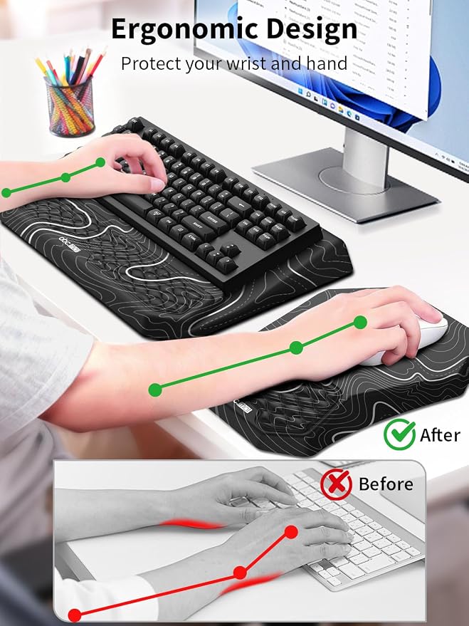 3-in-1 Ergonomic Keyboard Stand with Wrist Rest & Mouse Pad Set, Comfy Keyboard Riser Holder Soft Mousepad with Massage Design, Memory Foam and Non-Slip PU Base for Pain Relief, Topographic