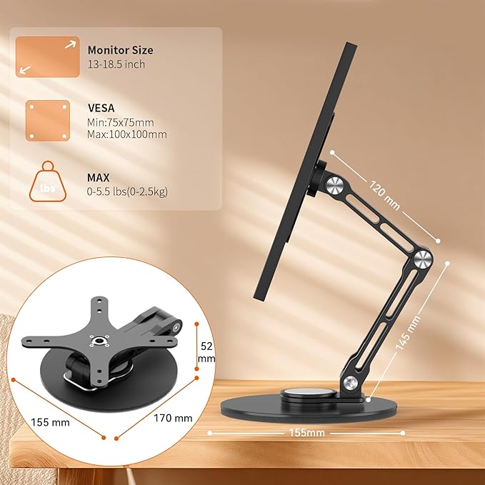Portable Monitor Stand VESA Mount, Tilt & Rotation Joints Use Metal Hinges, Foldable Aluminum Desk Mount for 13-18.5 Inch & up to 5.5 lbs Small Monitors, Suitable for Home Office Travel (Black)