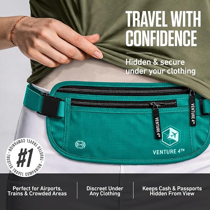 VENTURE 4TH Money Belt for Travel – Hidden Under-Clothes RFID Blocking Passport Holder & Slim Travel Wallet Pouch for Men & Women to Protect Cash, Cards & Documents (Turquoise)