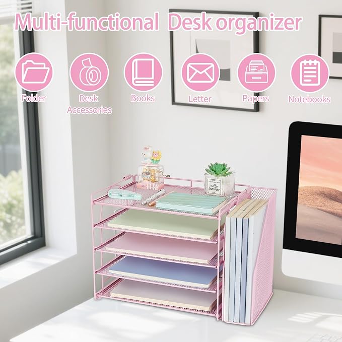 AUPSEN Pink Desk Organizers and Accessories, 5-Tier Desktop Paper File Organizer with Removable File Holder, Desk Accessories & Workspace Organization for Home Office Supplies (Pink)