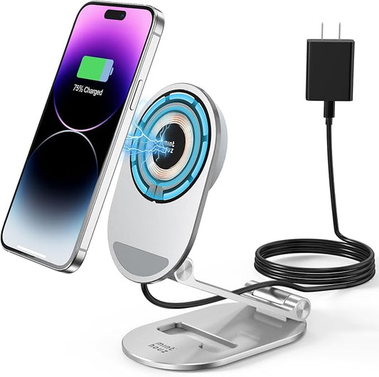 Magnetic Wireless Charger, Minthouz Foldable Mag Safe Charging Stand, Adjustable Wireless Charging Station with 20W Wall Adapter, for iPhone 16 15 14 13 12 Pro/Max/Plus, AirPods 3/Pro 2/Pro