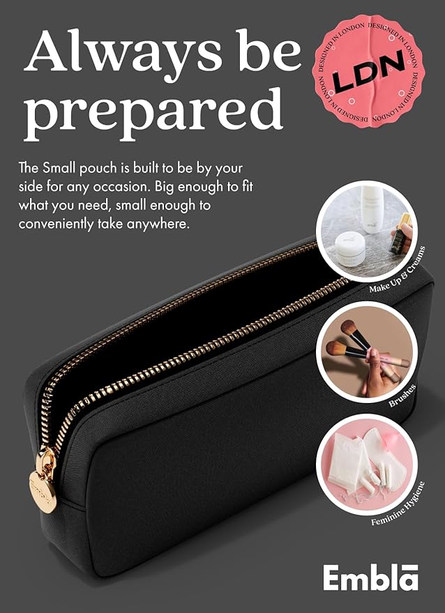 Embla Makeup Bag Travel Cosmetics Pouch and Toiletry Bag, Nylon Zipper Pouch Purse, Cute Make Up Organizer Storage Tote for Women Girls, Waterproof Travel Skincare Case, Small Makeup Bags, Black