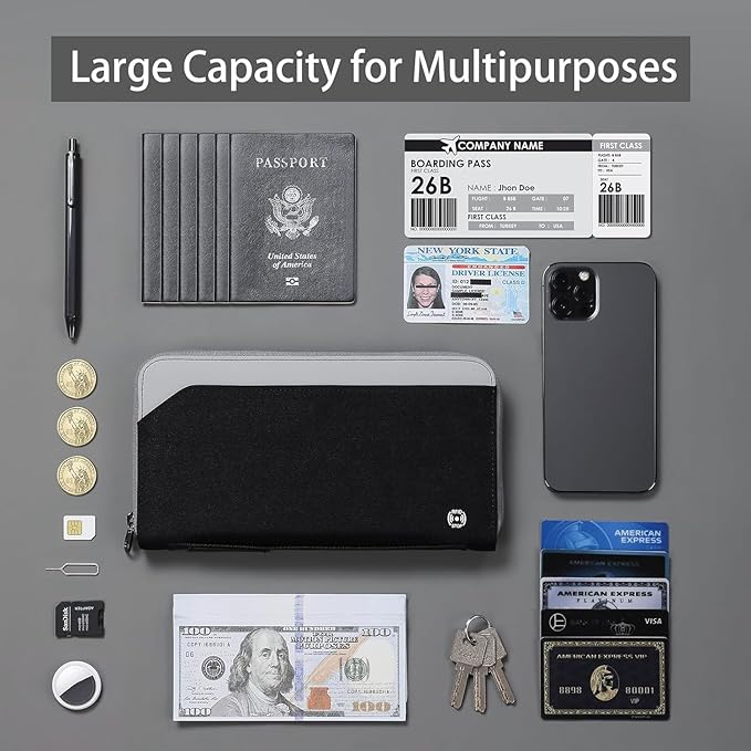 Passport Holder Family for 4, RFID Blocking Travel Wallet Women Men,Passport Wallet with Airtag Holder,Family Passport Protector Case, RFID Blocking, Lightweight, Zipper, Document Organizer, Pouch Bag