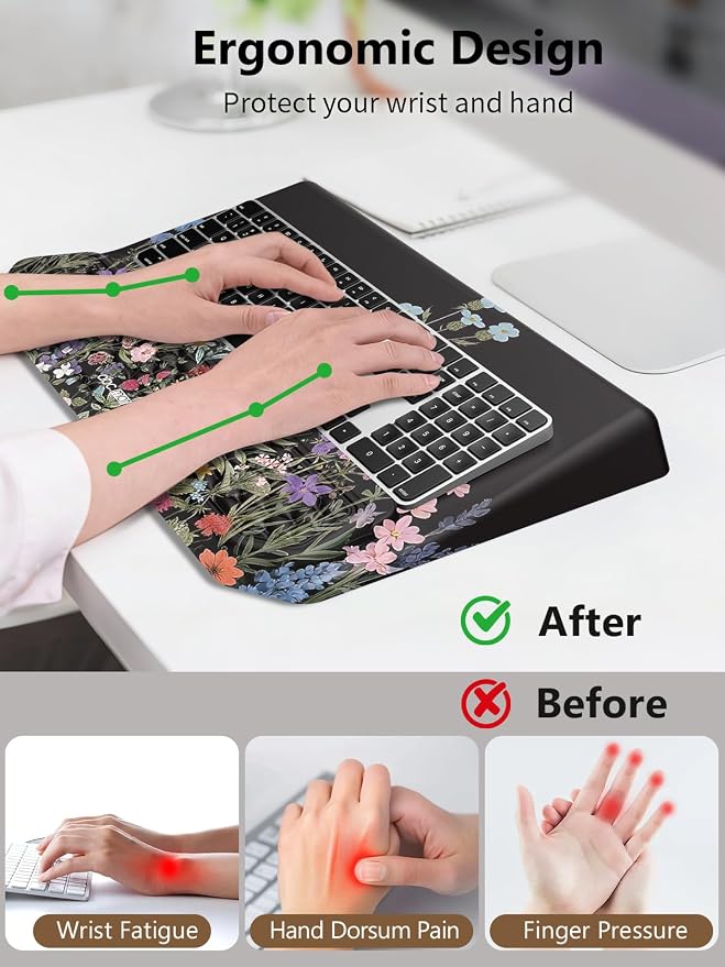 2-in-1 Ergonomic Keyboard Stand with Wrist Rest, Comfy Keyboard Riser Holder with Massage Design, Flower