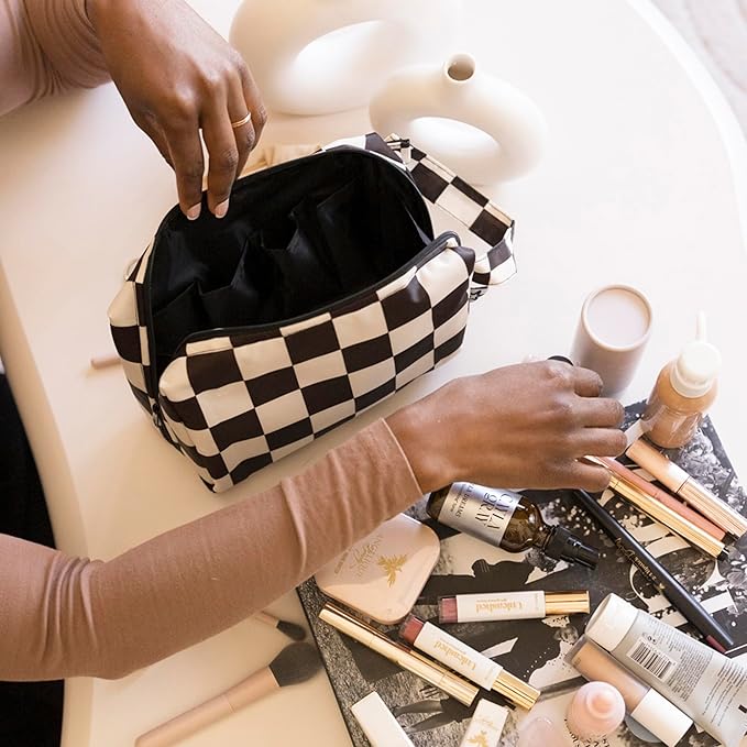 Tiny Twinkle Waterproof Travel Toiletry & Makeup Bag Organizer | Makeup Pouch with Multiple Compartments & Snap Handle for Travel | Gift for Teen Girls and Women（Black Checkers