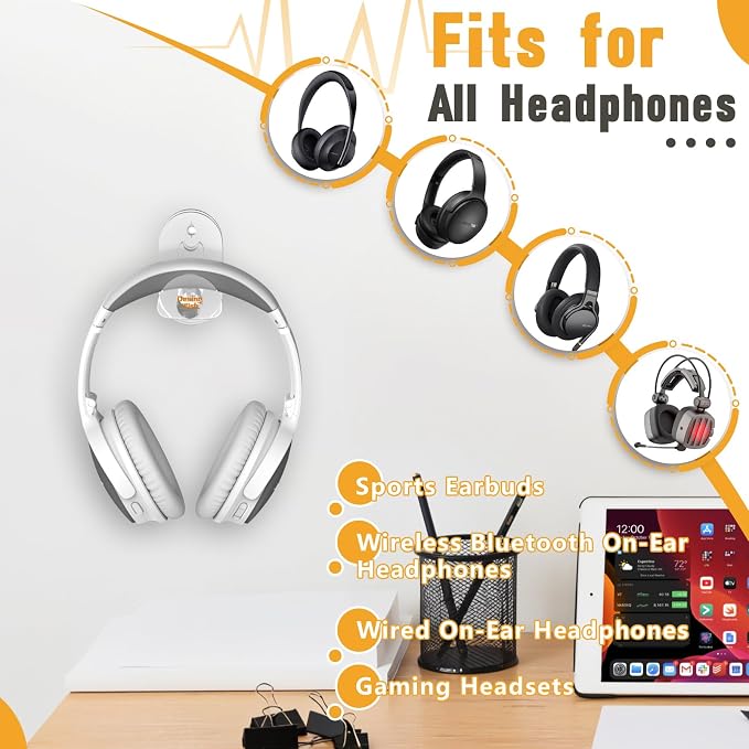 Acrylic Headphone Wall Mount Holder for Most Over-Ear Headphones, Clear Headphone Hanger for Wall Universal Headset Hook Gaming Headset Holder