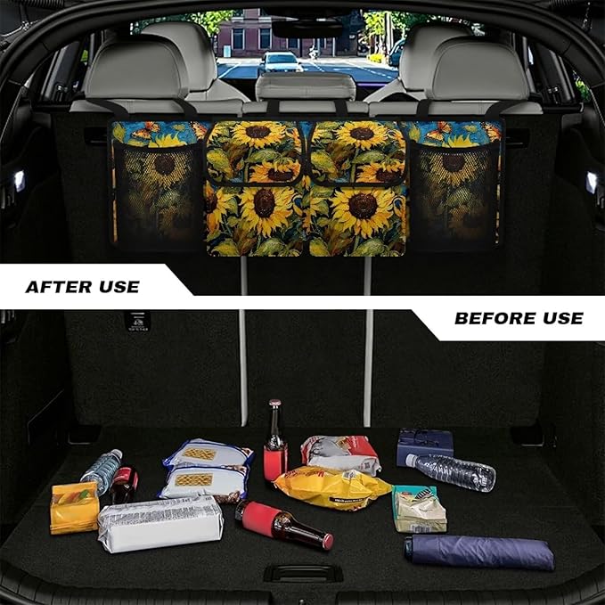 Sunflower Print Car Trunk Organizer Hanging Detachable Car Backseat Storage Bag Foldable Multipurpose Storage Bag for Automotive Trunk Storage and Decoration