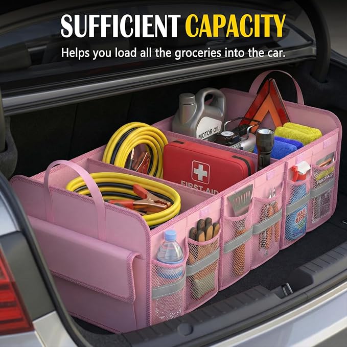 Trunk Organizer for SUV, Large trunk organizer for car, Collapsible Multi-Compartment Car Trunk Organizer, Sturdy Cargo Trunk Storage Organizer, Non Slip Bottom