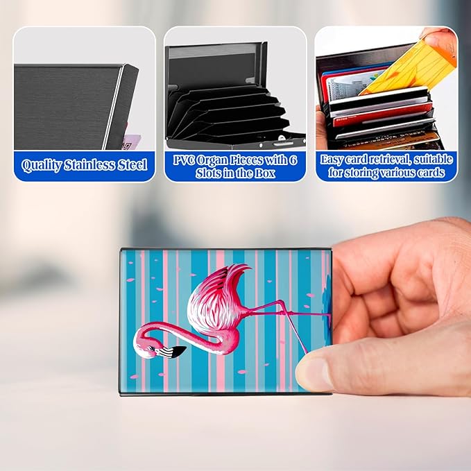 RFID Blocking Credit Card Holder - Slim Metal Wallet for Women & Men,Pink Flamingo Design Stainless Steel Business Card Case,Compact Pocket Organizer for Travel & Daily Use