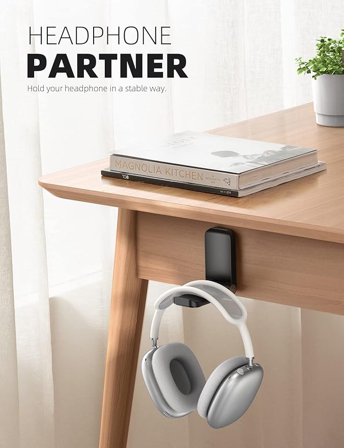 Lamicall Headphone Stand, Sticky Headset Hanger - 2 Pack Adhesive Headphone Holder Hook Mount, Headset Holder Clip Under Desk, Earphone Clamp for Airpods Max, HyperX, Sennheiser, Black