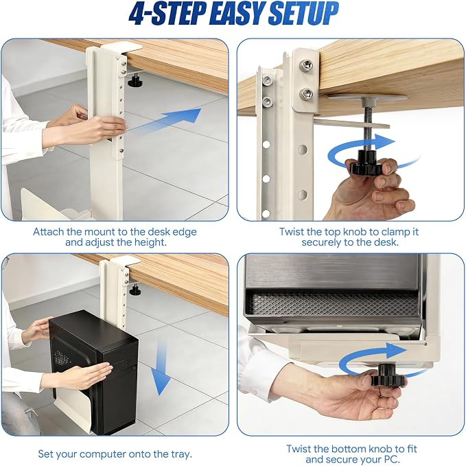 TooCust Adjustable Under Desk PC Mount, Heavy Duty No Drilling Clamp Mount on Desk Fits Most PC Tower 14.5”-22.4” (H) , Thickened & Ultra Strong CPU Holder for Standing Desk & Home Office, White