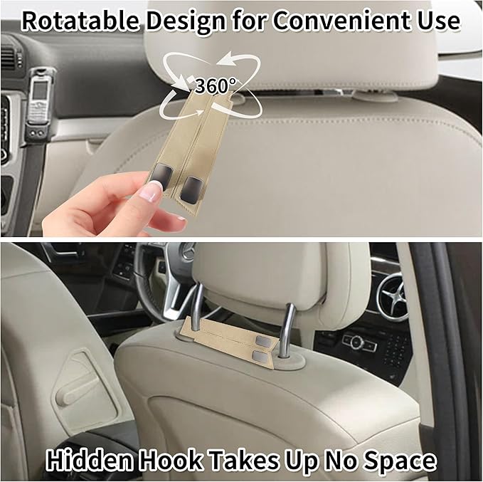 Vidonio Upgrade Seat Back Hooks, Suede Headrest Hooks & Phone Holder, Purse Hook for Car Organizers, Universal Hidden Multifunctional Hooks (Beige 2pcs)