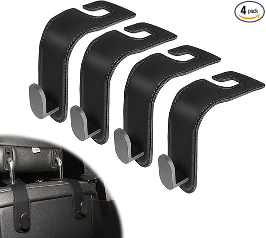 4-Pack Car Seat Hooks for Headrest, PU Leather & Stainless Steel Seat Organizer for Purses, Bags (Holds 44 lbs),Car Seat Hooks Universal Fit for All Cars, Easy Installation
