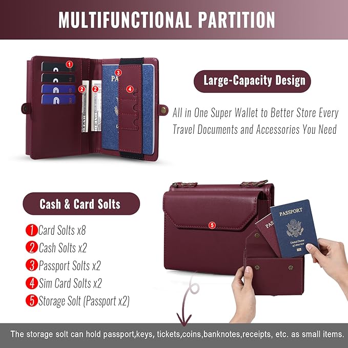 ASAPDOS RFID Blocking Family Passport Holder Wallet,Hold 2-3 Passports for Travel with Credit Card Slots & Wrist Crossbody Strap Red