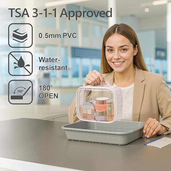 PACKISM Stylish TSA Approved Toiletry Bag Set, Flora, Clear Makeup Bag with Handle, 1 TSA Medium & 1 Large for Travel, Gift for Women, Pink Ditsy Floral