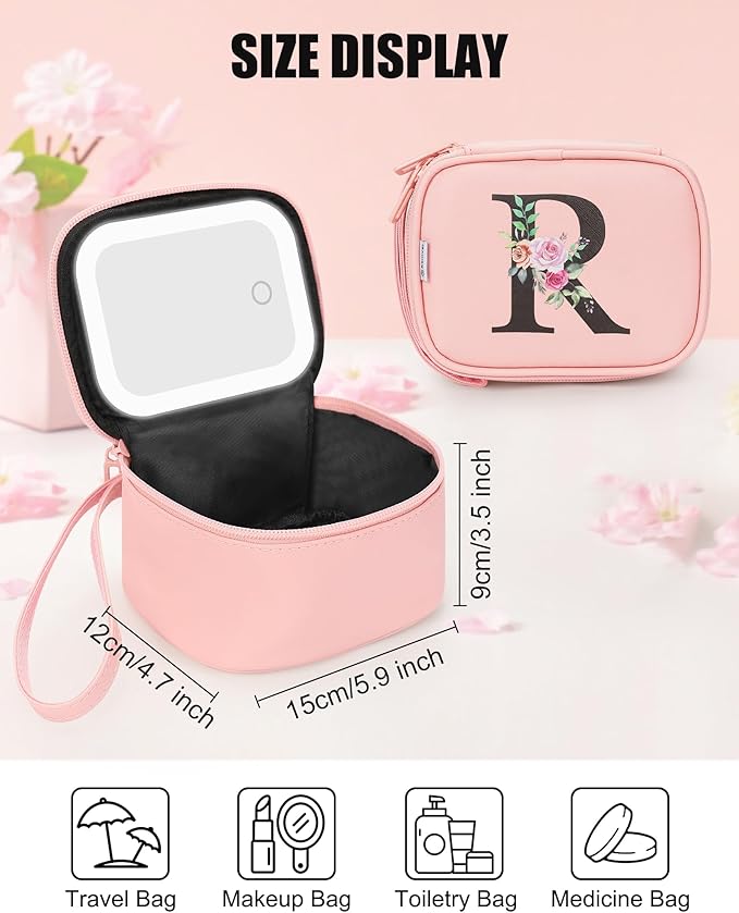 Relavel Initial Makeup Bag with Led Mirror for Women Girls, Mini Personalized Cosmetic Bag with Adjustable Brightness, Rechargeable Pink Make Up Bags Pouch for Birthday Gift - Pink R