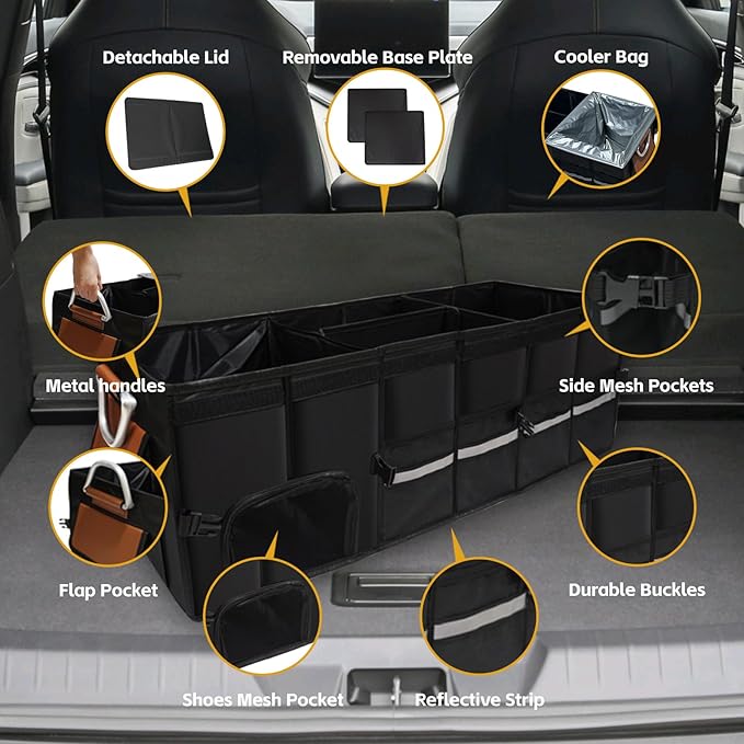 Car Trunk Organizer with Lid and 30L Removable Leakproof Cooler Bag, Compartment for 1 Pair of Shoes, Golf Trunk Organizer for SUV, 1680D Oxford,35.4”×13.7”×11.8”(112L)