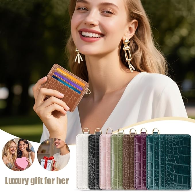 Slim Credit Card Holder Crocodile Wallet Women Thin Alligator Wallets RFID Blocking Minimalist Lightweight Small Cute Cards Holders with ID Window, Brown