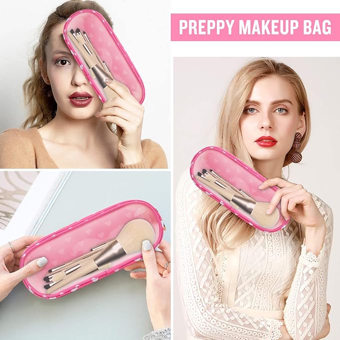 Nylon Small Clear Makeup Bag Slim Pencil Pouch, Cute Pencil Case Makeup Bag Preppy Cosmetic Zipper Pouch for Purse,Travel PVC Toiletry Bag Clutch Coin Pouch Makeup Organizer for Women Girl(Pink Heart)