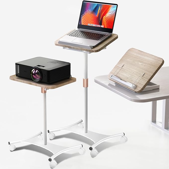 Rolling Laptop Stand, 2 in 1 Dual-use Floor & Desktop, Adjustable Height from 16.5" to 51", with 4 Lockable Casters, Small Mobile Standing Desk Perfect for Home, Office, Meeting Room, Study (White-N)