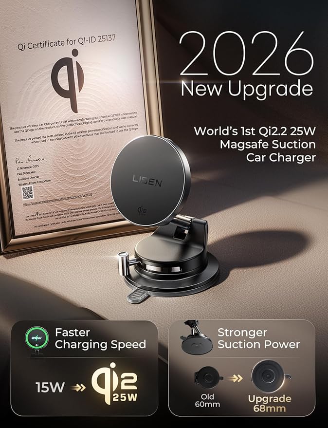 LISEN Qi2.2 25W Magsafe Car Mount Charger,[More Stable & Faster Charging] Suction Cup Phone Mount, Wireless Car Charger 25W for iPhone 17 16 Samsung Galaxy S26 Ultra,15W for iPhone 17e 15 14 13 12