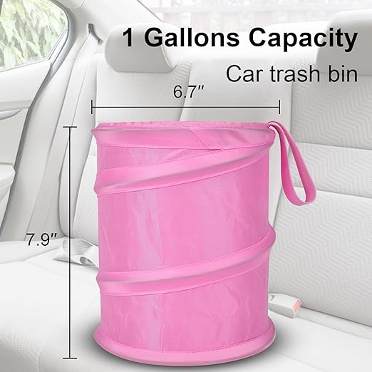 Car Trash Can, 2 Packs Mini Collapsible Car Trash Bin for Front Back Seat, Pop up Garbage Can, Portable Bag Hanging for Vehicle SUV Rv Truck Accessories Interior, Pink