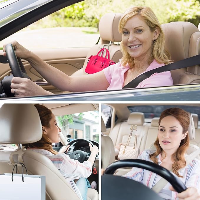 Upgraded Headrest Hooks for Purses and Bags, 2 in 1 Car Back Seat Head Rest Hanger Matching Cars Interior Genuine Leather Vehicle Storage Holder Hook, 2 Pack, Beige