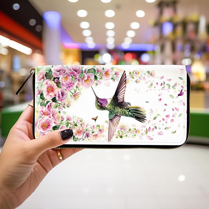 Wallet,Leather Long Wallet Suitable For Ladies And Teenagers - Detachable Wristband + RFID Travel Wallet With Card Slot - Hummingbird and Flowers