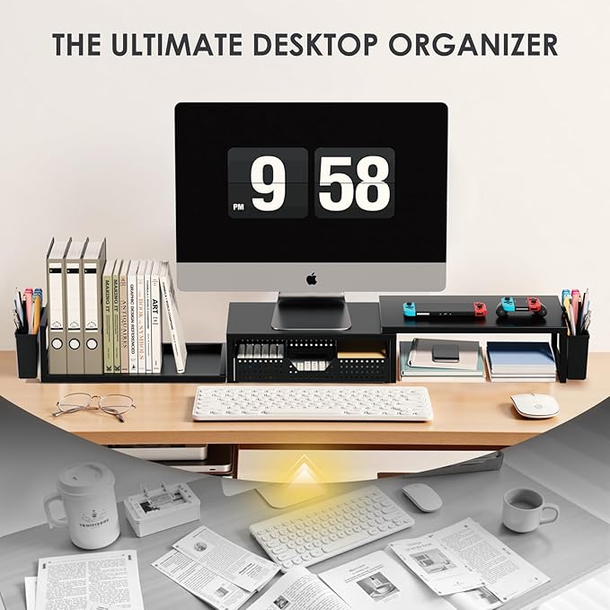 OPNICE Desk Organizers and Accessories, Dual Monitor Stand Riser with Drawer and 2 Pen Holders, Desk Shelf Metal Computer Racks for Office Workspace Organizers, Desktop Organization (Black Metal)