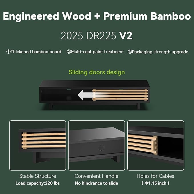 Monitor Stand with Sliding Bamboo Doors, 25 Inch Heavy Duty Wood Computer Monitor Riser, Ergonomic Desk Organizer with Storage & Keyboard Tray, Natural & Black