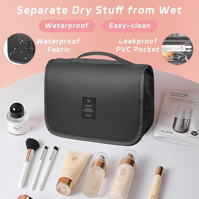 Toiletry Bag Travel Bag with Hanging Hook, Waterproof Capacity Hanging Multifunctional Makeup Bag for Toiletries, Portable Cosmetic Bag Travel Organizer for Women and Men(Black Pure)