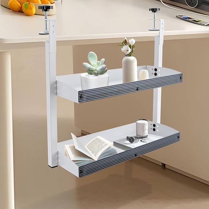 Clamp on Desk Shelf for Working Accessories, 2 Tier Office Desk Shelves Organizer with 2 Mounting Forms, Desktop Supplies Storage Rack with Steel Tray, Heavy Duty Desk Organizers, White