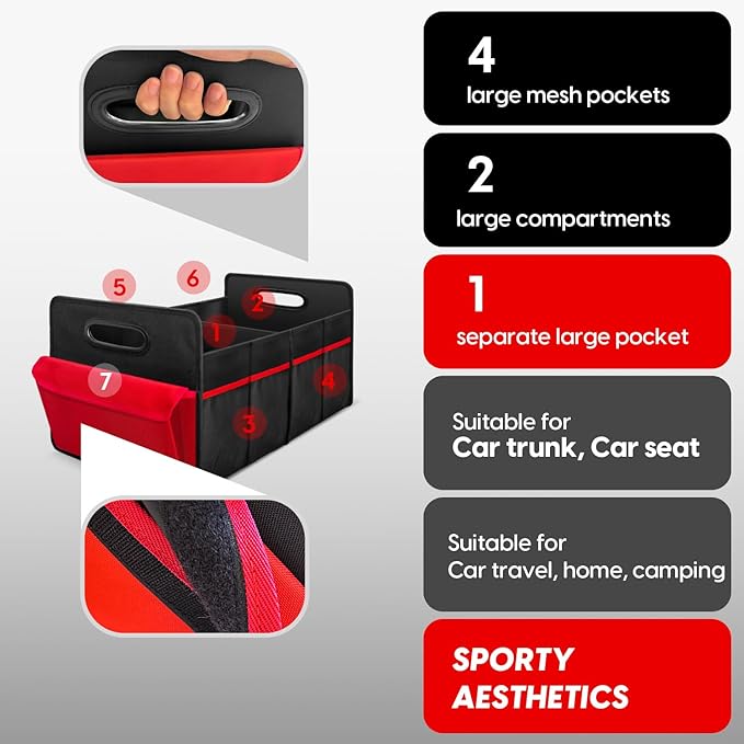 Car Trunk Organizer Cargo Organizer Large red pockets,Trunk Storage Waterproof Collapsible Durable Multi Compartments With Mesh Bag For Sedan Suv Home Camping(BLACK)