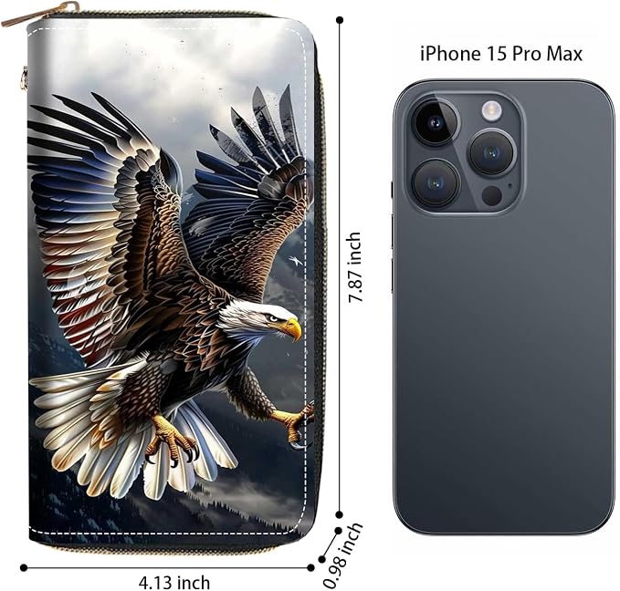 Women's Large Capacity Wallet PU Leather Zip Around Clutch Purse Multifunctional Wallet with Removable Wristlet Strap for Smart Phone/Coin/Card/Cash, Bald Eagle