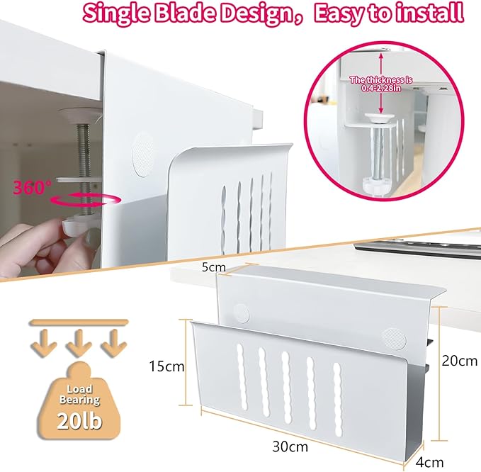 Desk Side Storage, Under Desk Storage, No Drill Steel Hanging Desk Organizer, Laptop Holder, Table Hanging Storages Holder for Office & Home (White)