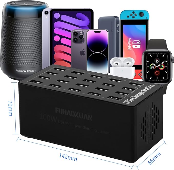 Charging Station, 100W 20-Port USB Multi Device Charger Hub with Intelligent Safety Features, Compact Power Strip for Phones, Watches, Pads, Speakers, Headphones & PS, Ideal for Home Office & Travel