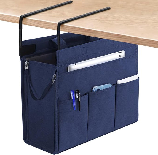 MASTLU Under Desk Hanging Storage Bag, Desk Organizer Storage, Office Side Storage Bag, Compatible with A4 Files, Detachable Handle Design, No Assembly Required, for Office Home School (Navy Blue)