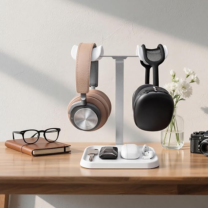 Dual Headphone Stand, Double Balanced Headset Stand with Storage Tray, Heavy Base Gaming Headset Holder for Desk (White)