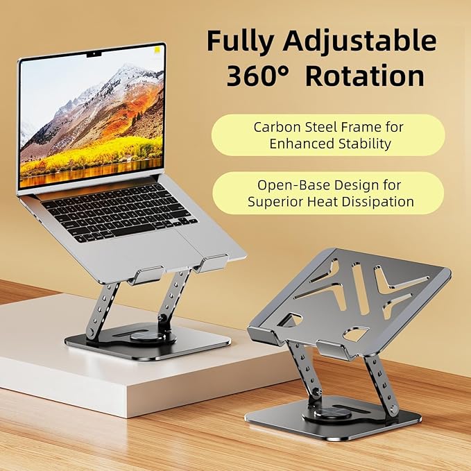 Laptop Stand for Desk, 360° Rotating Adjustable Metal Foldable Laptop Riser with Minimalist Football Vent Pattern, Ergonomic Computer Notebook Holder for MacBook, Dell, HP 10-17.3", Silver