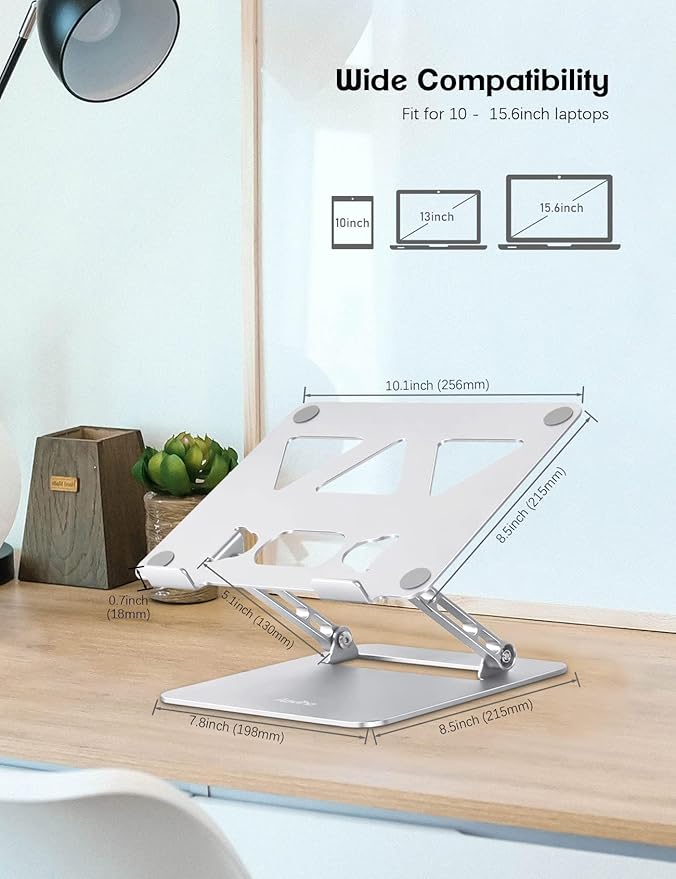 Adjustable Laptop Stand for Desk,Portable Laptop Stand Holder and Riser,Foldable Aluminum Notebook Computer Stands for MacBook Air Pro HP Lenovo Dell Samsung Chromebook, 10-15.6 inch, Silver