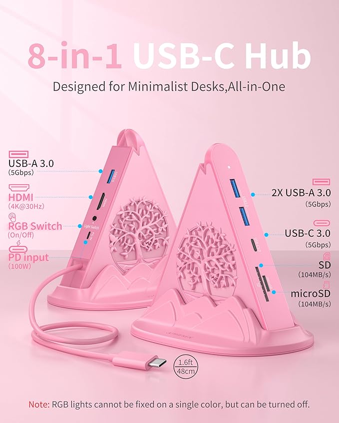 Pink USB C Hub, 8-in-1 USB C Multiport Adapter with 4K@30Hz HDMI, 100W Power Charging, 5Gbps Type C, 3 USB-A 3.0, SD/TF Slots& RGB Lighting, Pink Type C Hub for MacBook, iPhone17, iPad, XPS(Tree)