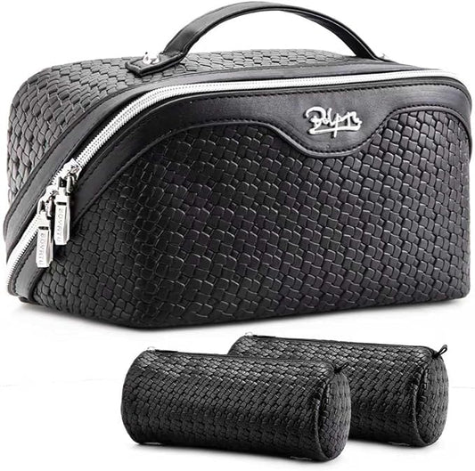 BOYATU Travel Makeup Bag Cosmetic Bags for Women: Large Capacity 3 Pcs Set Make up Bag with Compartments - Waterproof Vegan Leather Toiletry Organizer Bags with Handle (L15 Black)