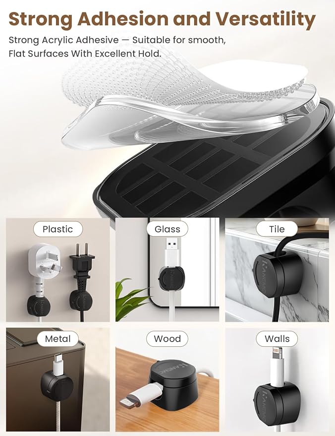 6-Pack Magnetic Cable Clips 360° Rotating, Kanemc Adhesive Cord Organizer for Desk, Minimalist Wire Holder Cable Management for Phone Charger, Laptop Cords, Nightstand and Office Accessories