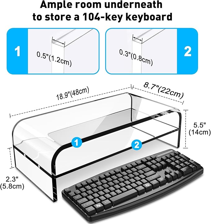 AboveTEK 2-Tier Acrylic Monitor Stand, Computer Riser for Home Office, Clear Monitor Riser for Keyboard Storage, 18.9" x 8.7" Multi Monitor Desk Stand for iMac Multi-Media Laptop Printer TV