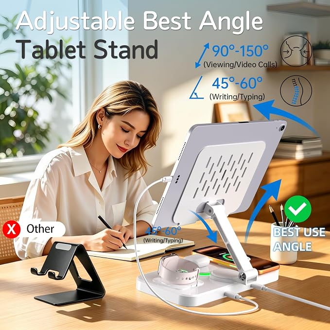 Magnetic Charging Station for Apple Multiple Devices, Wireless Charger with Clock & Light, Foldable Wired Charging Stand for iPad/Tab, Mag-Safe Charger for iPhone 17, for Apple Watch for AirPods