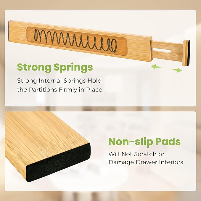 Drawer Divider, Adjustable Bamboo Kitchen Drawer Organizer, Spring Loaded Drawer Organizer, Dresser Separators for Kitchen, Bathroom, Clothes, Office Desk Storage (Natural, 8 Pack Large)