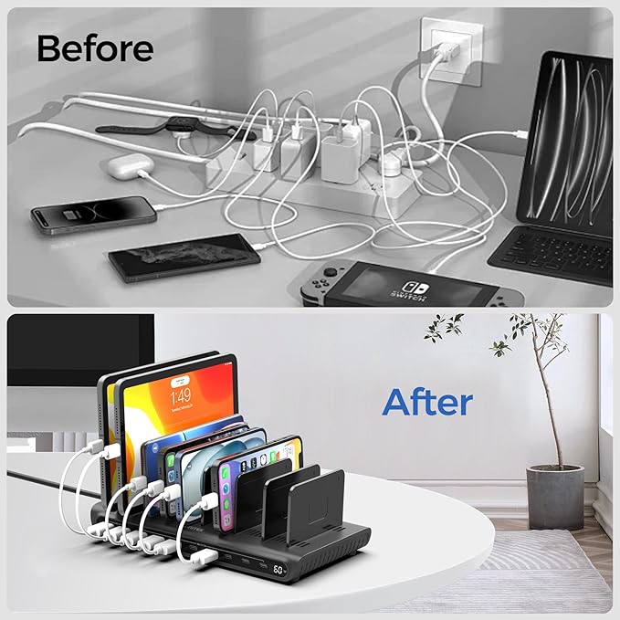 Unitek 10-Port Desktop Charging Dock Ultimate Charging Station for Multiple Devices, iPhones & Apple Products High-Speed USB Hub with LED Display for Office, Kitchen Counter, Desk Organizer
