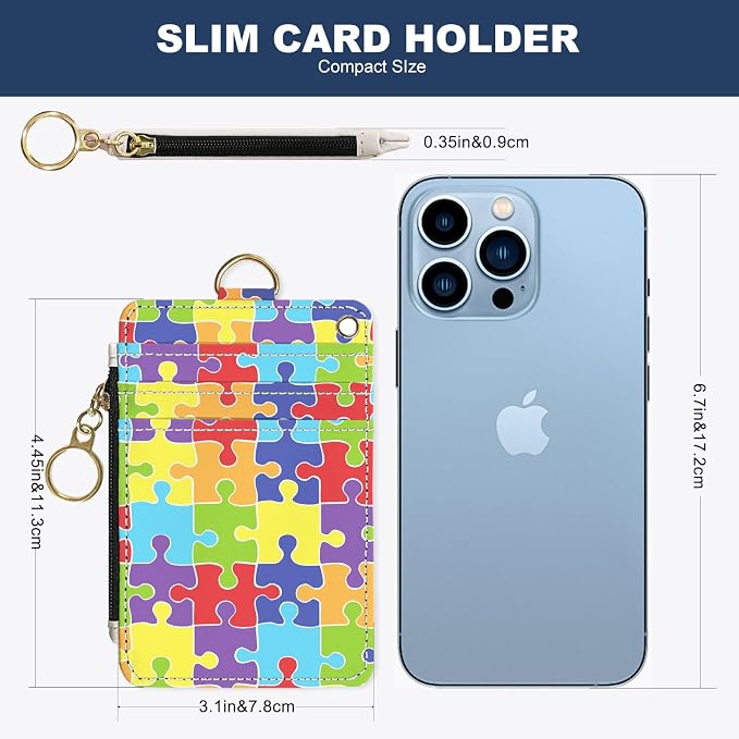 Slim Wallet Credit Card Holder, Jigsaw Puzzle, RFID Wallet Women Cute Small Front Pocket Wallet With Zipper, PU Leather Thin travel RFID Blocking Card Case ID Window,Ladies Gifts