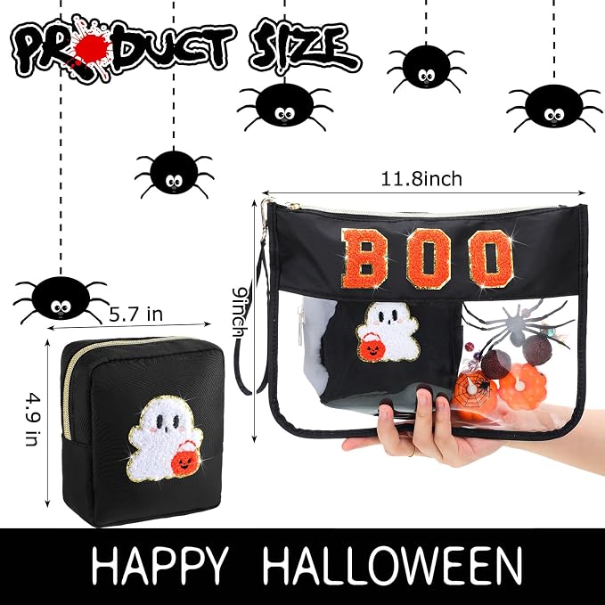 Hillban 2 Pcs Summer Halloween Gifts Chenille Letter Bags Boo Patch Makeup Bag Spooky Pumpkin Flat Clear Pouch PVC Organizer Purse Waterproof Travel Cosmetic Bag Portable Storage Case for Women
